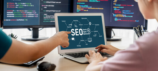 SEO search engine optimization for brisk e-commerce and online retail business showing on computer...