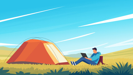 Digital Nomad Working from Tent in Nature