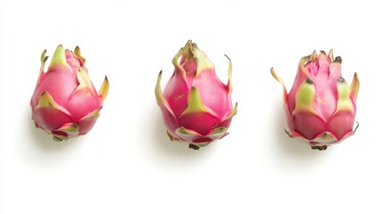 Three vibrant pink dragon fruits arranged in a row against a clean white background.