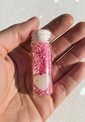 Obraz premium Small glass bottle filled with pink beads held in palm