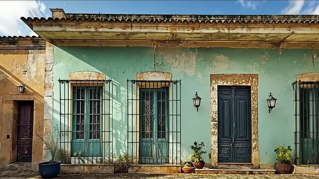 Charming colonial architecture: Exploration of an aging facade, sunlight, and peaceful courtyard
