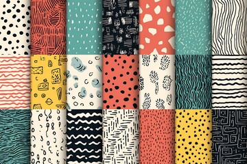 Collection of abstract patterns featuring dots lines and shapes in various color combinations