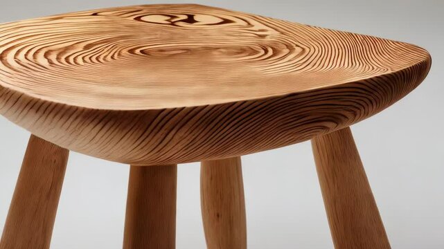 Wooden stool with three legs and round seat featuring natural wood grain on plain background