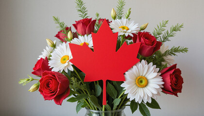Red and white floral bouquet with maple leaf accent &ndash; Canada Day centerpiece, patriotic floral arrangement