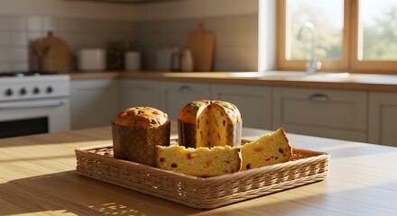 A woven wicker tray of panettone with candied fruits on a kitchen table