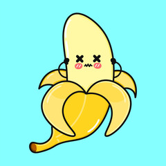 A cartoon Banana with an expressive face is shown peeled open against a soft blue backdrop, cute.