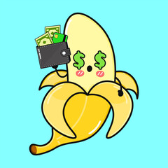 An adorable cartoon Banana character happily holding a wallet full of cash, and a credit card.