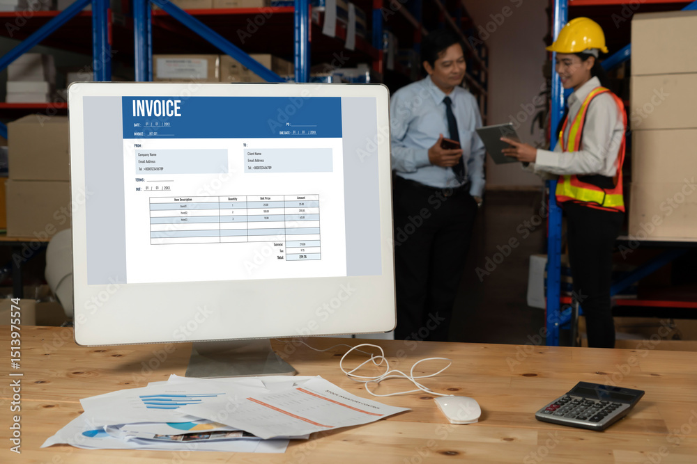 Poster invoice on computer screen from accounting application. computer program for financial and budget of