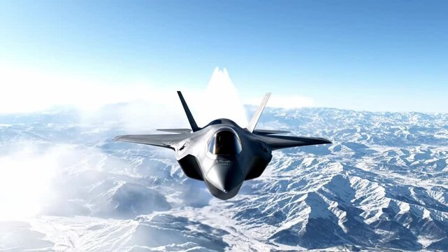 Cinematic Front View of F-35 Stealth Jet Flying Over Snow-Capped Mountains in Slow Motion with Realistic Clouds and High Altitude Tracking Shot &ndash; Military Aircraft  


