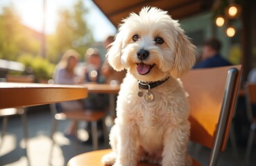 Happy Cavapoo dog sitting chair in sunny cafe. Cute puppy smiles. Furry friend at eatery. Dog with owner on cafe terrace, pet friendly establishment. Concept of city lifestyle.