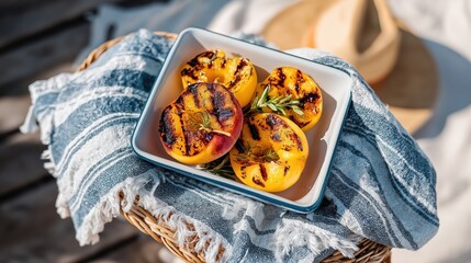 Grilled peaches arranged in a white dish on a woven basket, resting on a blue and white striped cloth, showcasing a summer outdoor dining experience with fresh herbs