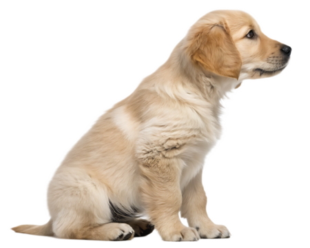 Side view of a golden retriever puppy sitting against a black background looking to the right side