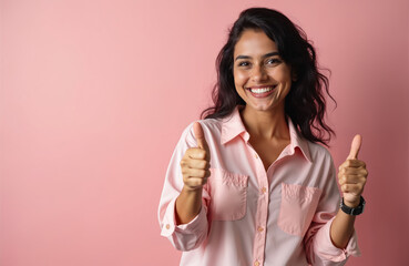 Portrait of cheerful Indian woman in her 30s showing thumb up gesture. Happy smiling female shows approval and agreement. Positive body language on pastel color background. Success concept.