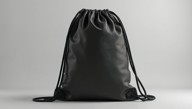 Black drawstring sports gym bag mockup with rope straps. Blank backpack for branding design presentation. Customizable template for sport, fitness, exercise, active lifestyle, athletic equipment.