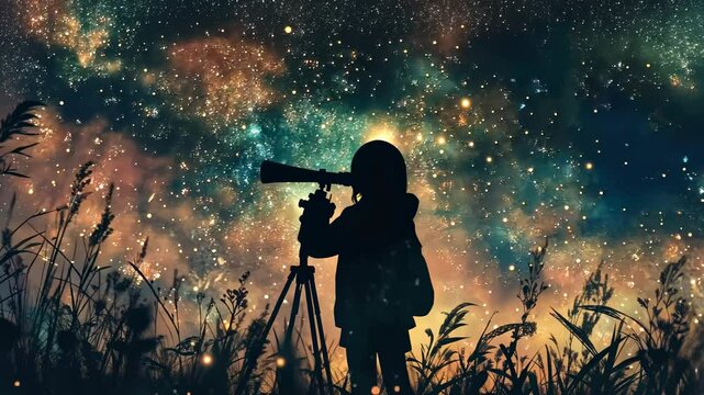 Silhouette of a girl looking through a telescope at a starry night sky