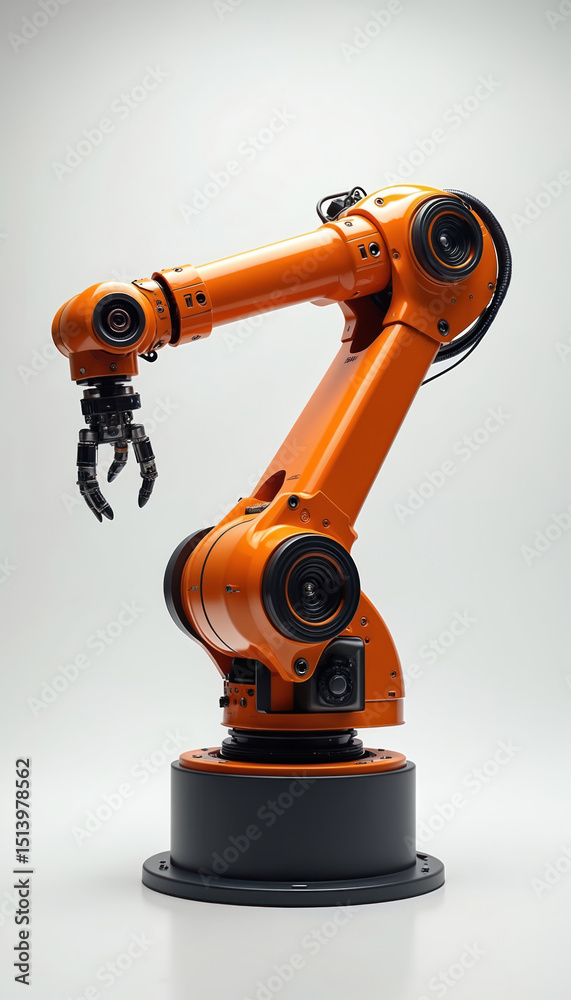 Poster Orange industrial robotic arm isolated on white background. Modern tech for automated manufacturing, assembly lines. Robot hand in action. Futuristic industry, automation, artificial intelligence