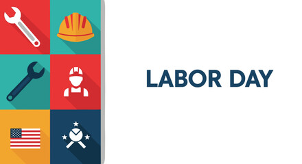 Labor Day themed graphic with tools, worker, and American flag,  copy space 