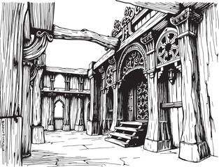 Antique wood architecture, the patterns are made with wood carvings. Hand drawn vector illustration