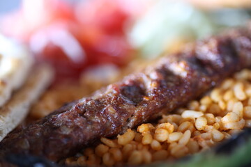 Close-up of traditional Turkish shish kebabs on oval plate	