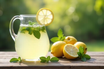 Refreshing lemonade with mint lemons in garden setting