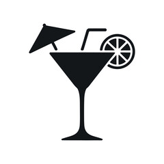 Elegant Martini Glass Icon with Umbrella and Citrus Fruit Slice in Black and White Minimalist Design Style