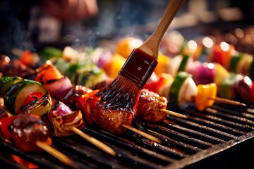 Succulent skewers of meat and vibrant vegetables sizzle on the grill while sauce is brushed on during a summer barbecue gathering in a backyard at sunset