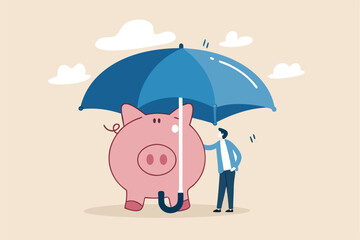 Insurance and finance saving protection in economy crisis, safety investment or all weather portfolio concept, confidence businessman investor with his piggy bank safety money covered by big umbrella.
