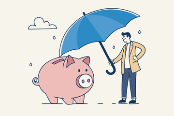 Insurance and finance saving protection in economy crisis, safety investment or all weather portfolio concept, confidence businessman investor with his piggy bank safety money covered by big umbrella.