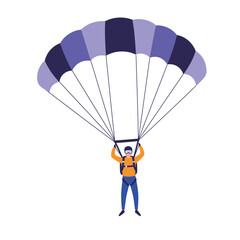 Parachuting flat vector illustration. Skydiving, paragliding experience. Extreme sports. Active lifestyle. Outdoor activities.