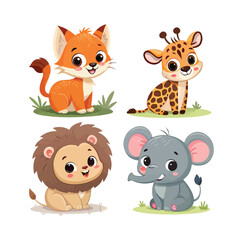 Fototapeta premium Set of cartoon characters of baby animals. Set of baby animal icons isolated on white background. Cartoon characters design. Color illustration of wild animal world. Vector