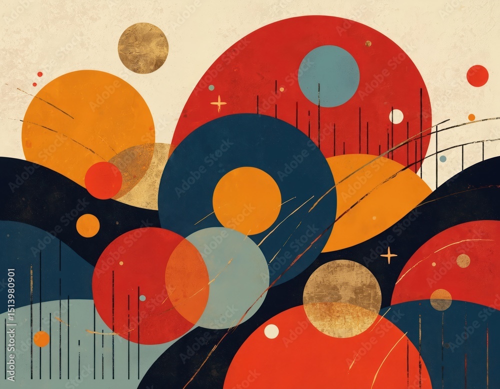 Poster modern abstract graphic design with colorful circles, lines in creative composition. vibrant backgro