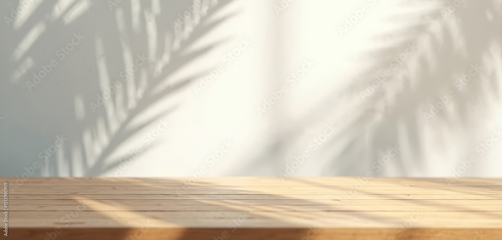 Aufkleber wooden table close up with soft palm shadows. summer background with sunlight, copy space for produc
