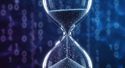 Glass hourglass with pouring sand. Time counting with binary code background. Data flow and digital information concept for technology.