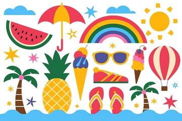 Colorful Summer Icon Collection Watermelon, Umbrella, Rainbow, Sun, Pineapple, Ice Cream, and Beachwear