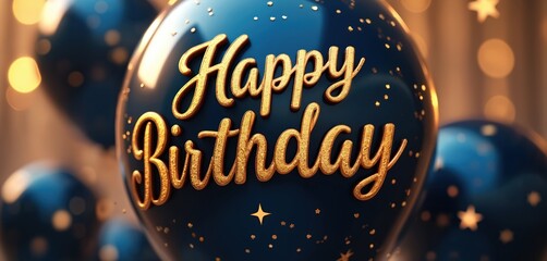 Elegant Happy Birthday golden lettering text on navy blue balloon, with golden bokeh background, sparkles. Festive greeting card, birthday party celebration decoration, anniversary design. Luxury