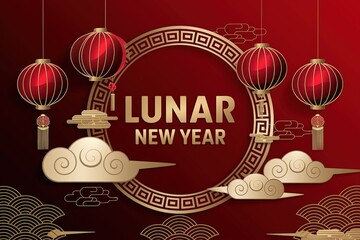 Elegant Lunar New Year Celebration Red Lanterns, Golden Clouds, and Festive Ornamentation on Red Background