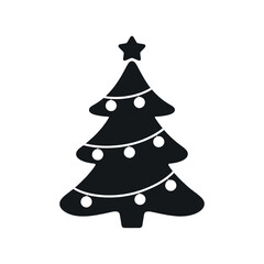 Simple Black Christmas Tree Silhouette with Star and Ornaments on a White Background for Holiday Designs and Decorations