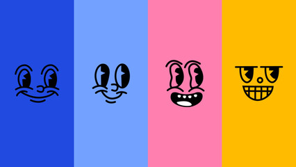 Set of diverse cartoon faces showing hand gestures and emotions. Flat colorful avatars in playful doodle style — ideal for social interaction, feelings, and psychology themes.