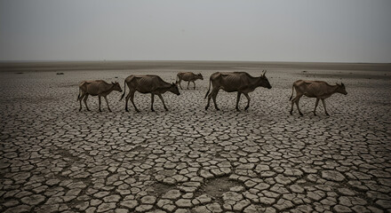 The bulls are thin because they have difficulty finding food and water. Because of global warming, the land is cracked and dry.