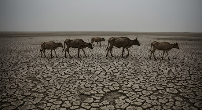 The bulls are thin because they have difficulty finding food and water. Because of global warming, the land is cracked and dry.