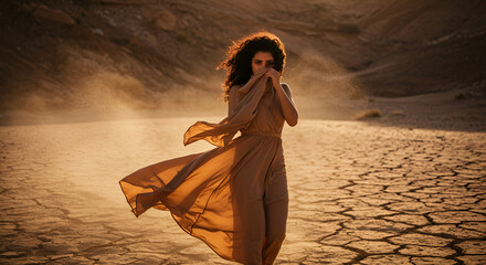 woman covering nose because of sand storm in desert. cracked and barren land. because of Global Warming