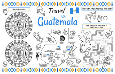 A fun placemat for kids. Printable Travel to Guatemala activity sheet with a labyrinth and find the differences. 17x11 inch printable vector file