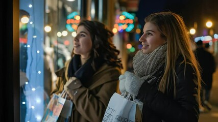Two smiling women enjoy a nighttime shopping trip, carrying bags and window shopping, surrounded by festive city lights. They look happy and excited about their purchases. - Powered by Adobe
