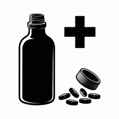 Fototapeta premium Black and White Vector Graphic of Medicine Bottle, Pills and Cross Symbol