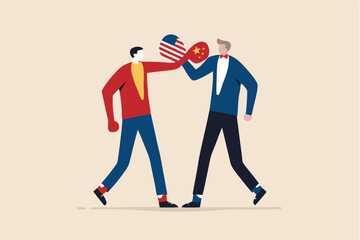 US China trade war, export and import tariff tax or economic cold war and government financial policy between leading country concept, businessmen fighting wearing boxing globe with China and USA flag