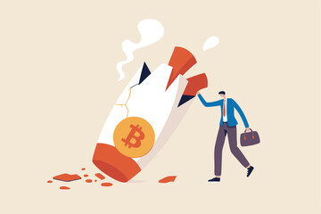 Bitcoin price collapse, crypto currency volatility price roaring fast and fall down causing investor huge loss concept, sad bankrupt businessman with crash fall down rocket with bitcoin symbol.