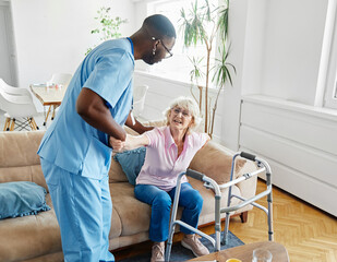 Doctor or nurse caregiver with senior woman using walker assistanece  at home or nursing home