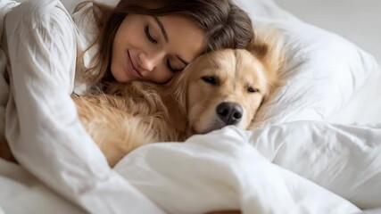 Woman sleeping with golden retriever dog in bed, cozy morning scene under white sheets in bright light, depicting companionship and relaxation - Powered by Adobe