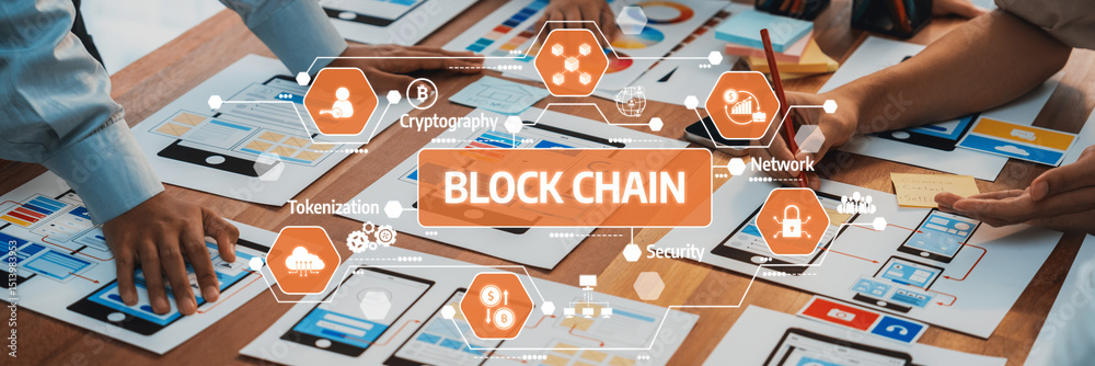 Poster A dynamic scene showcasing teamwork around a table with digital charts and blockchain concepts, highlighting the importance of innovation and networking in business strategies. Amity