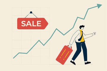 Stock market is on sale when market plunge in economic crisis, buy point to make profit in long run concept, businessman investor expertise pointing at lowest with sale price tag on stock market graph